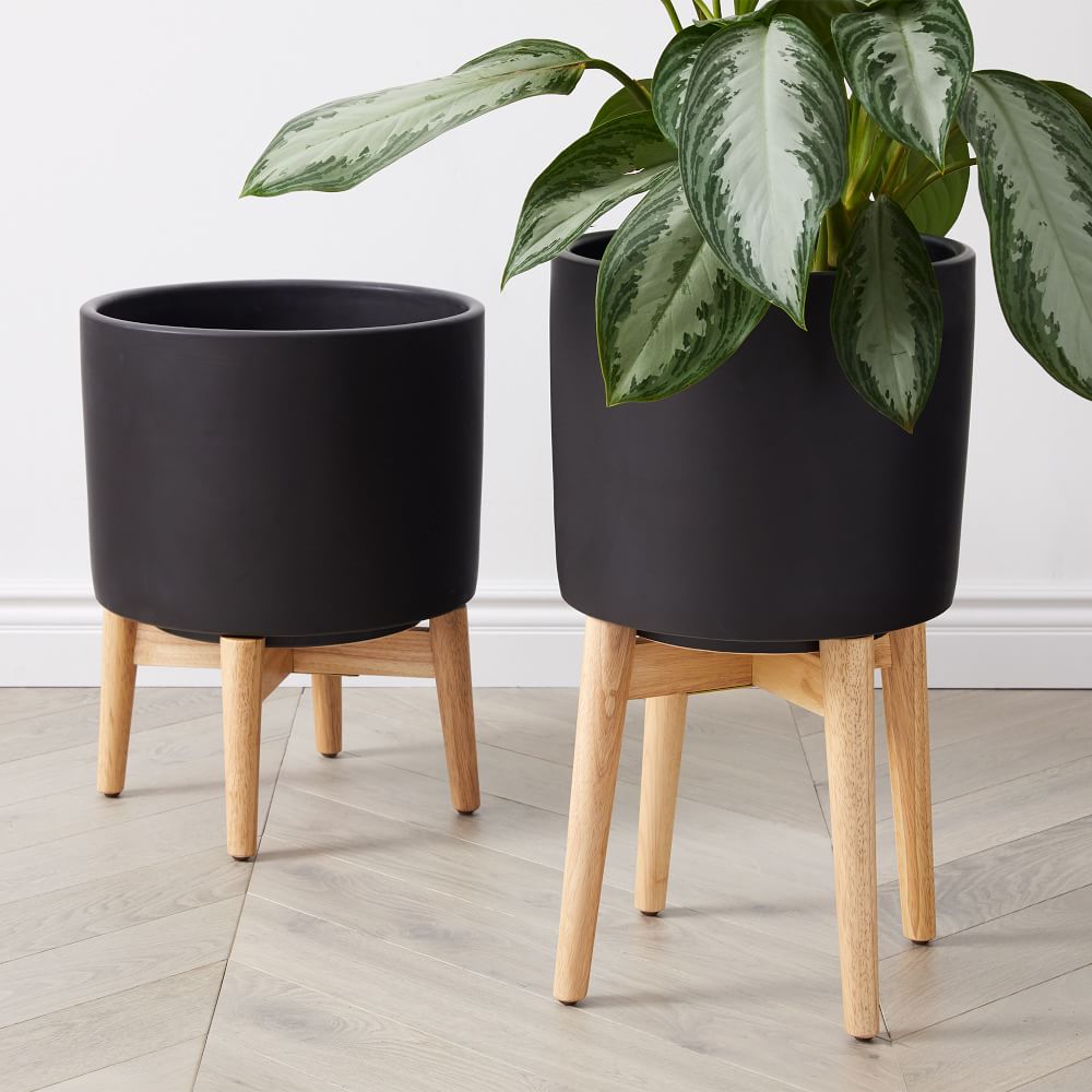 Mid Century Turned Wood Planters West Elm UK
